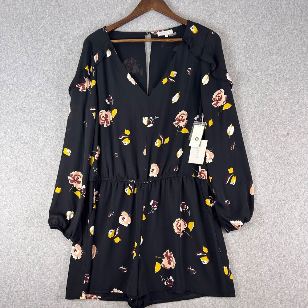 1. State Romper Womens Medium Black Floral Ruffle V-Neck Long Sleeves Casual NWT